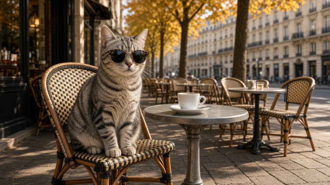Parisian Sidewalk Cafe Silver Tabby with Clubmaster Shades
