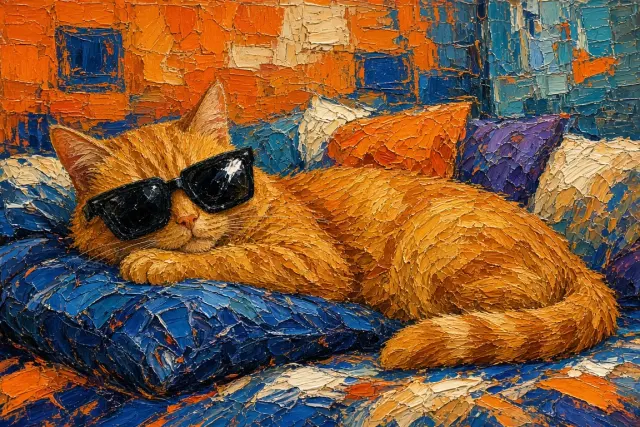 Textured Impasto Palette Knife Oil Painting of an Orange Marmalade Cat