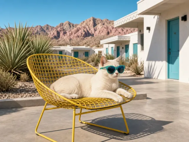 Desert Motel Mid-Century Porch Cream Point Cat in Teal Shades