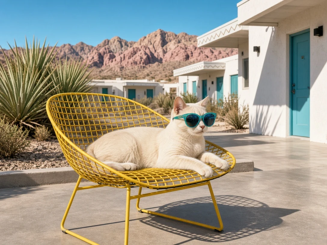 Desert Motel Mid-Century Porch Cream Point Cat in Teal Shades