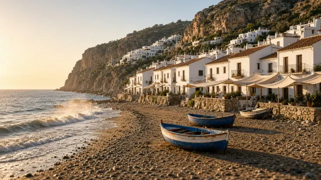 Andalusian Cove with Wind-Swept Canopies and Wooden Skiffs