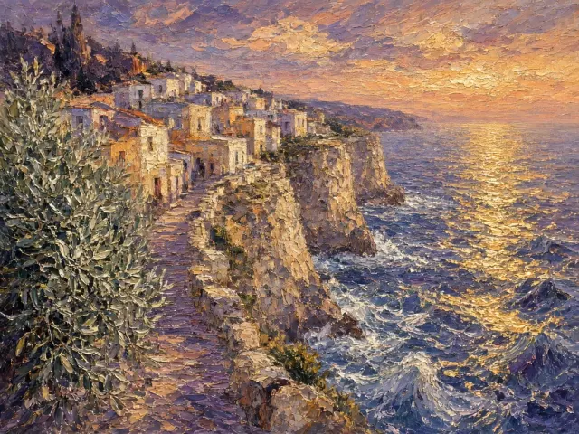 Impasto Oil Painting of Cliffside Dwellings in Sunset Glow