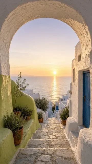 Narrow Whitewashed Archway Opening to Golden Waters