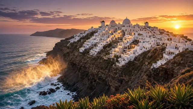 Panoramic Desktop View of a Cliffside Village at Twilight