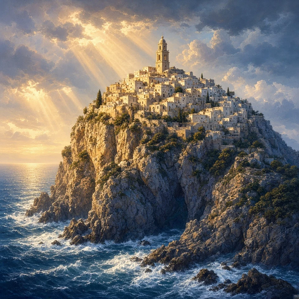 Matte Painting of a Dramatic Mediterranean Sea Promontory