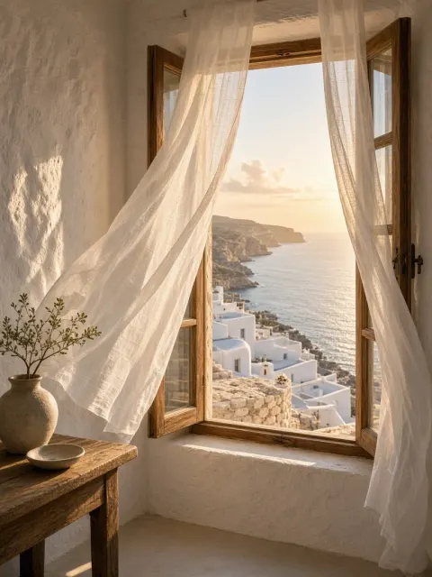 Breeze-Blown Villa Window Overlooking the Golden Coast