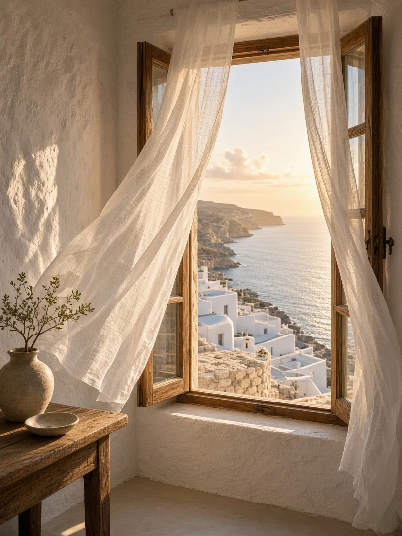 Breeze-Blown Villa Window Overlooking the Golden Coast