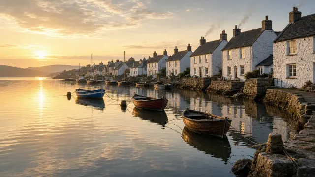Twilight Fishing Harbor Bathed in Low Golden Light