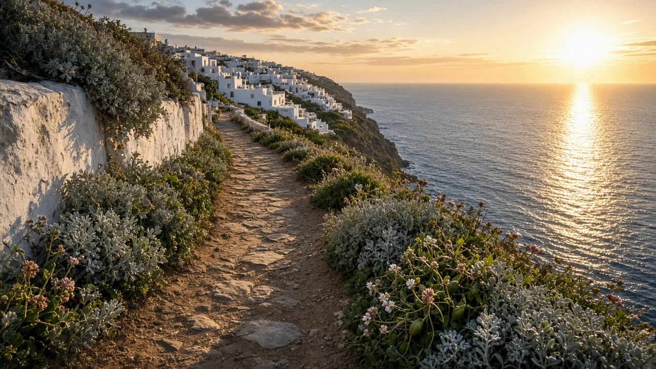 Cliffside Path with Blooming Capers and Glowing Ocean