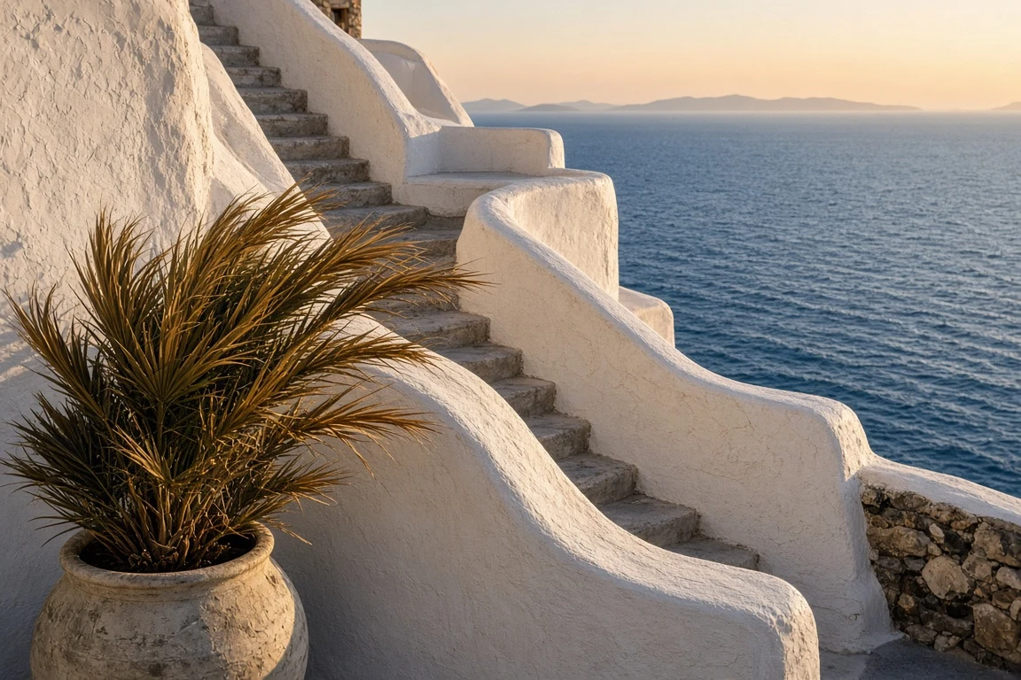 Curved Whitewashed Stairways in Raking Sundown Light