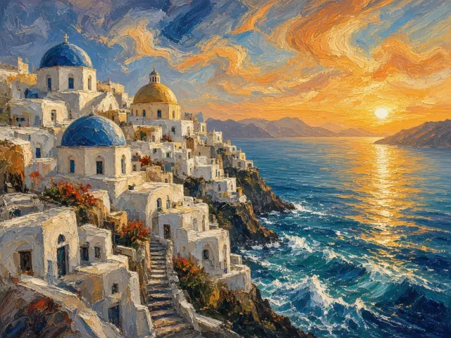 Luminous Acrylic Landscape of a Mediterranean Bay at Sunset