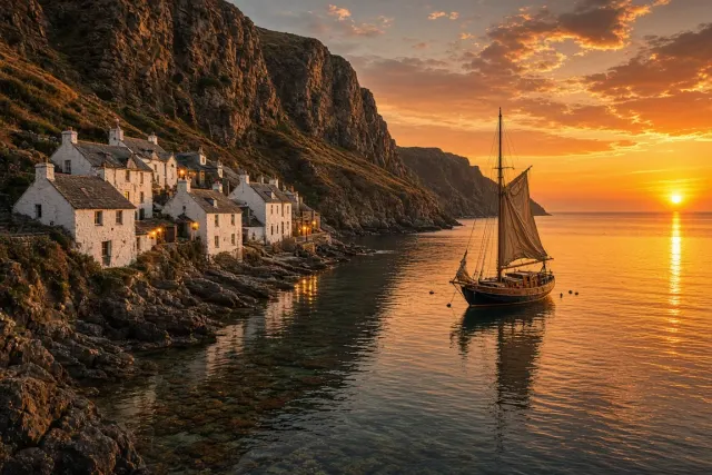 Secret Cove with Whitewashed Cottages and Anchored Sloop