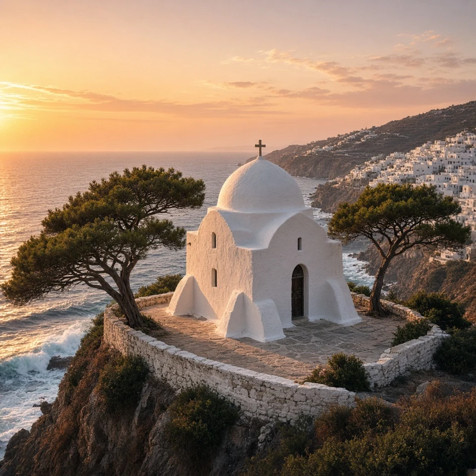 Whitewashed Chapel on an Ocean Promontory at Sundown