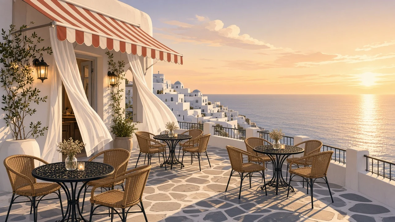 Stylized Digital Illustration of an Oceanfront Cafe Terrace
