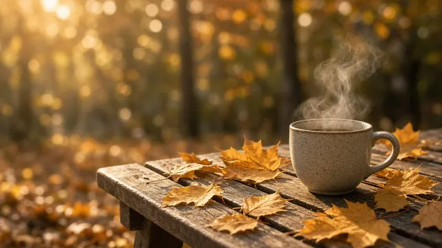 Sunlit Rustic Porch Bench with Chai Mug and Crisp Amber Maple Leaves