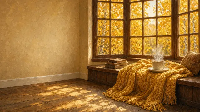 Sun-Drenched Window Nook with Golden Birch Canopy and Knitted Amber Throw