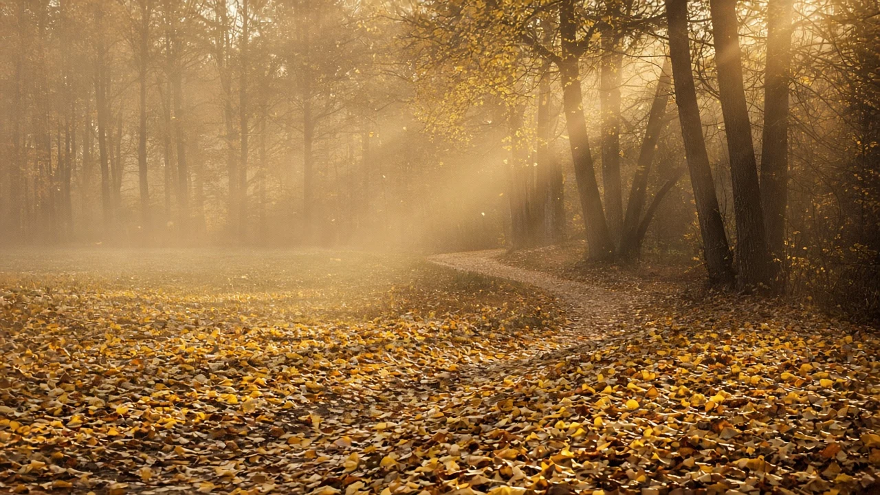 Tranquil Forest Pathway Carpeted in Glowing Ginkgo and Beech Leaves