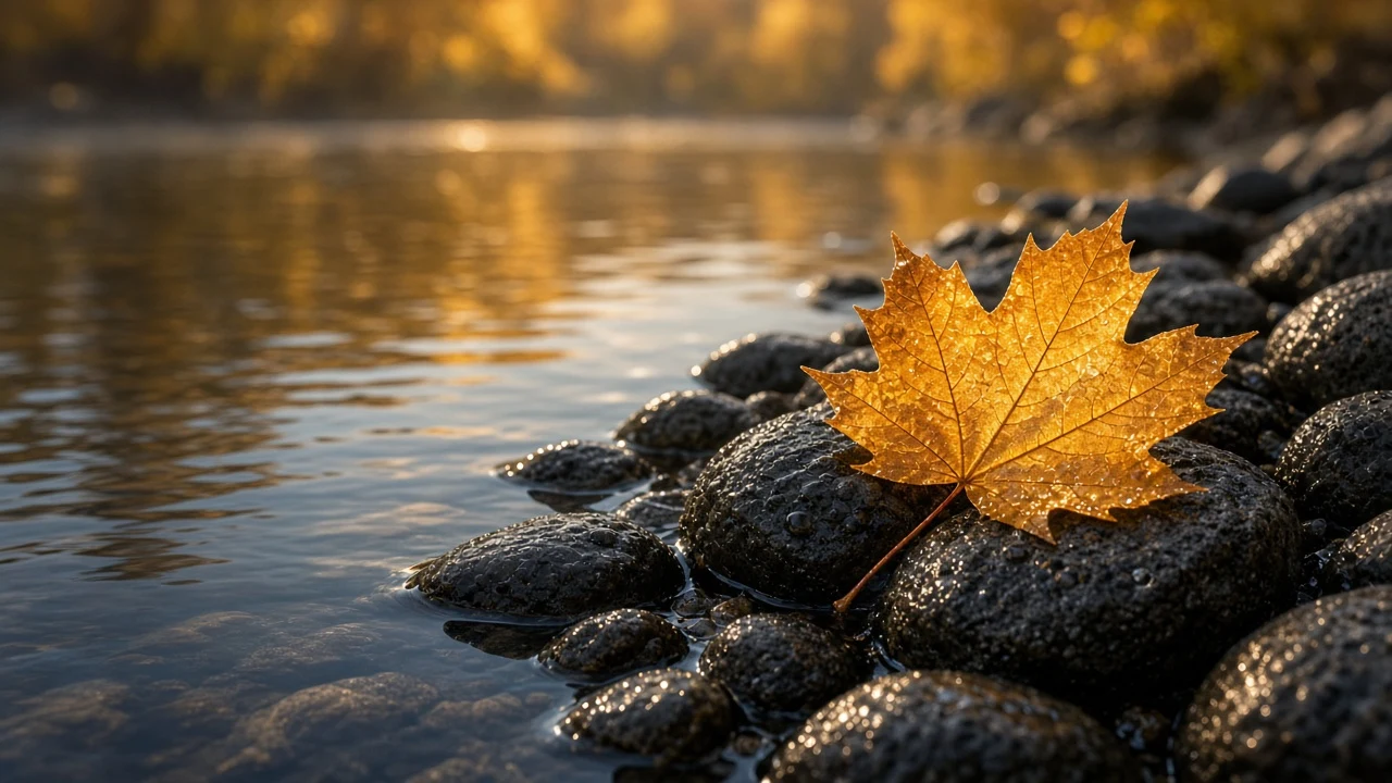 Macro Golden Maple Leaf on Dark River Pebble Shoreline
