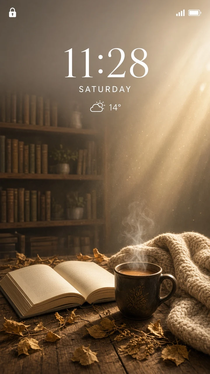 Cozy Autumn Library Nook with Floating Dust and Amber Sunlight