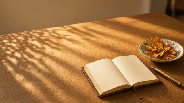Sunlit Oak Writing Desk with Vintage Journal and Scattered Foliage