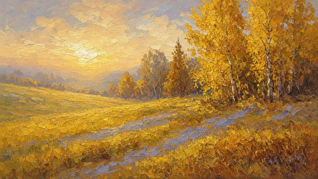 Impressionist Oil Meadow with Radiant Golden Aspen Groves