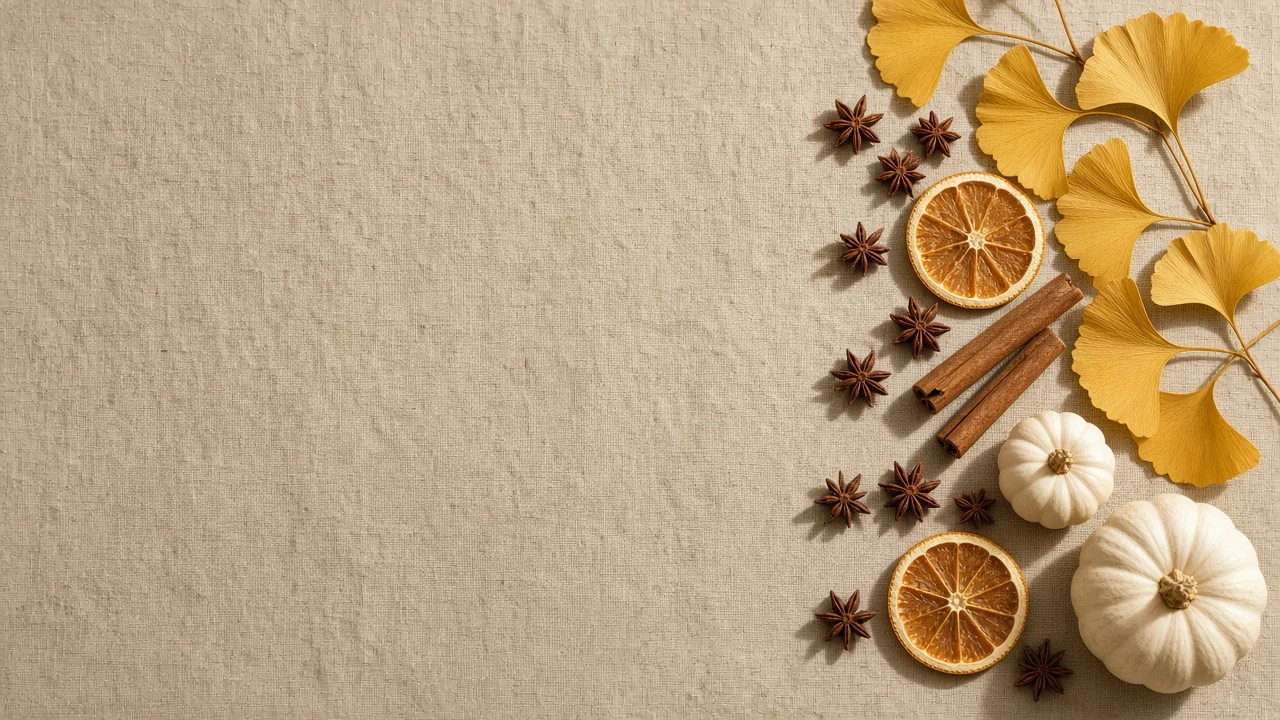 Minimalist Autumn Flat Lay with Golden Ginkgo and Cinnamon on Linen