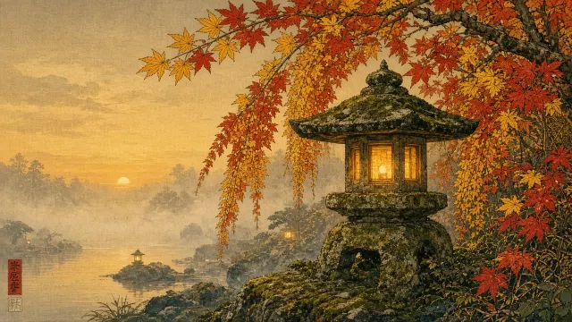 Ukiyo-e Woodblock Serenade of Golden Maple Leaves over Stone Lantern