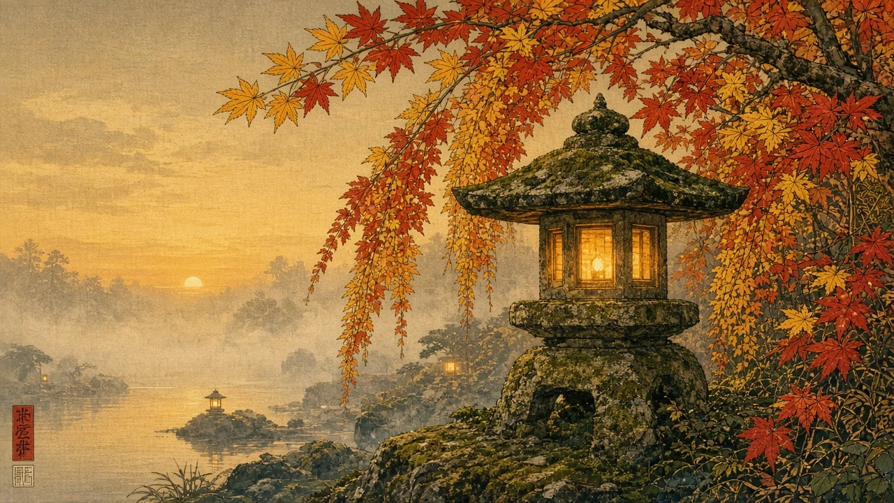 Ukiyo-e Woodblock Serenade of Golden Maple Leaves over Stone Lantern