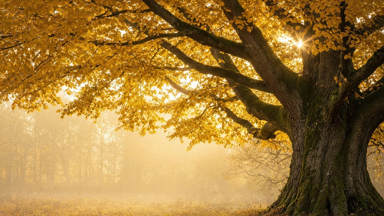Vertical Canopy Gaze Through Golden Beech Tree into Radiant Skies