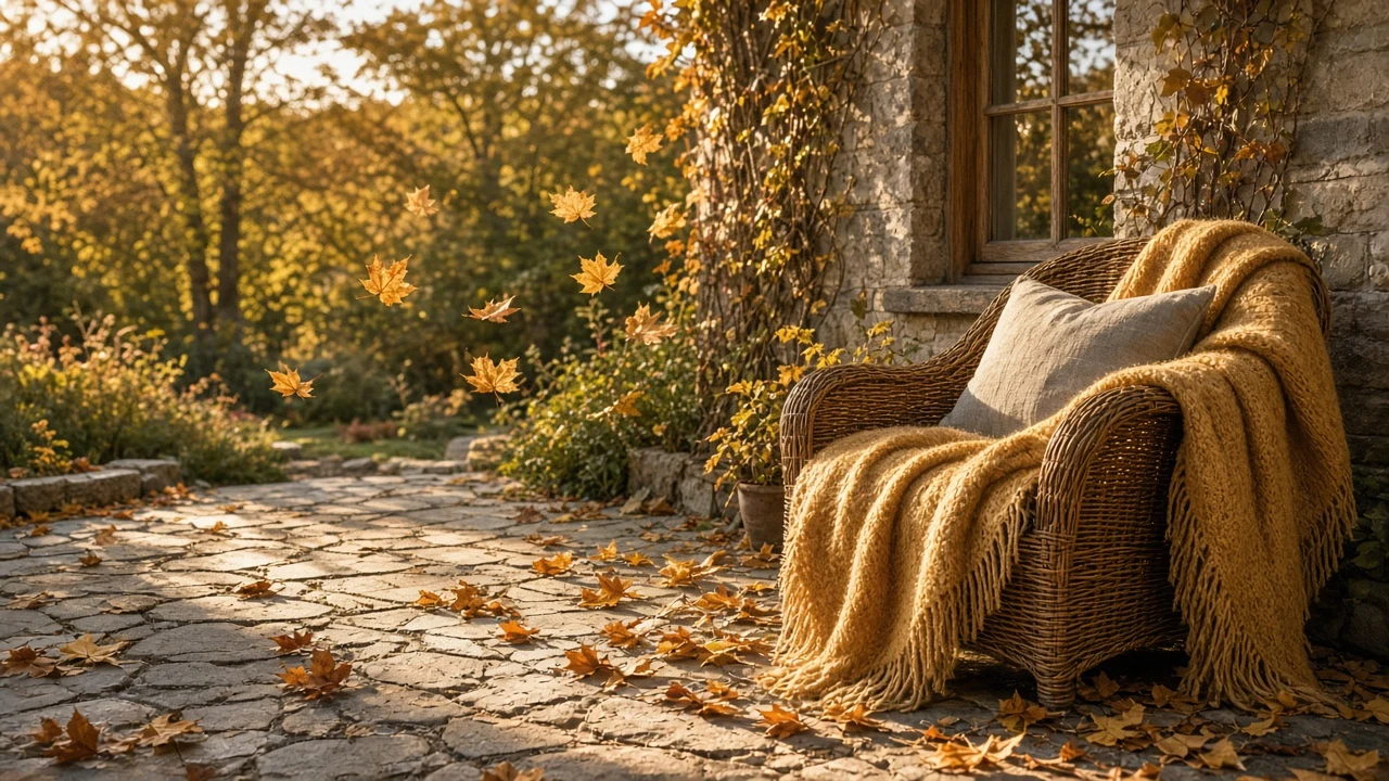 Cozy Stone Cottage Patio with Wicker Chair and Honey Knit Plaid