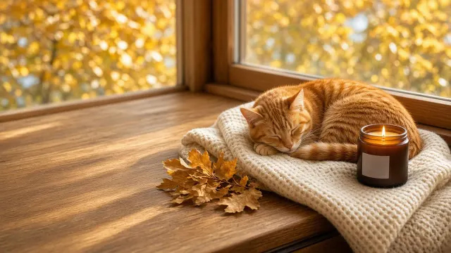 Sleeping Marmalade Cat Curled on Wool Blanket beside Autumn Window