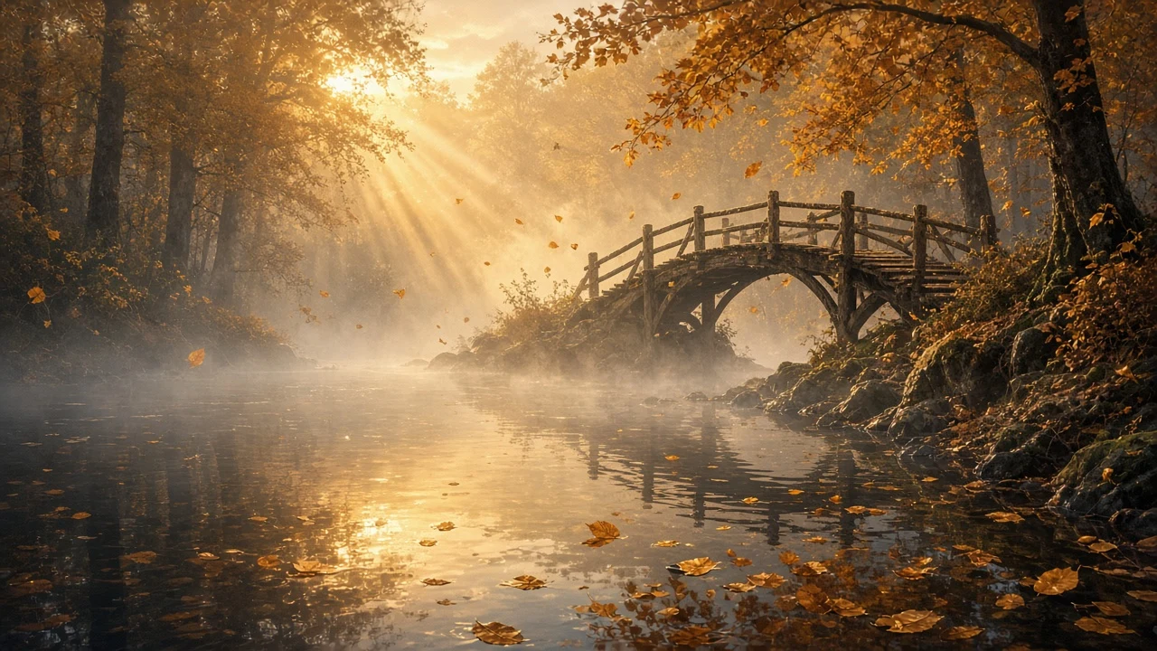 Misty Autumn Creek with Floating Leaves and Sunlit Wooden Bridge