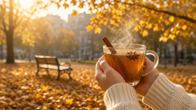 Warm Spiced Cider Mug Held in Chunky Sweater against Golden Park
