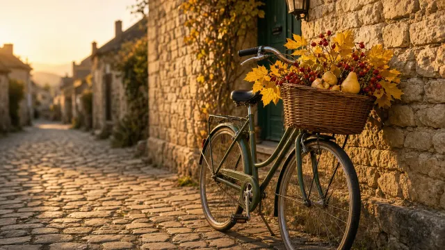 Vintage Bicycle with Wicker Basket Packed with Golden Foliage