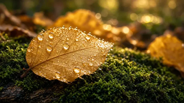 Cinematic Macro of Dew-Covered Golden Beech Leaves on Mossy Bark