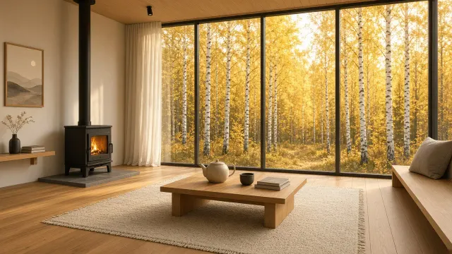 Warm Scandinavian Hygge Cabin Living Room with Golden Autumn View