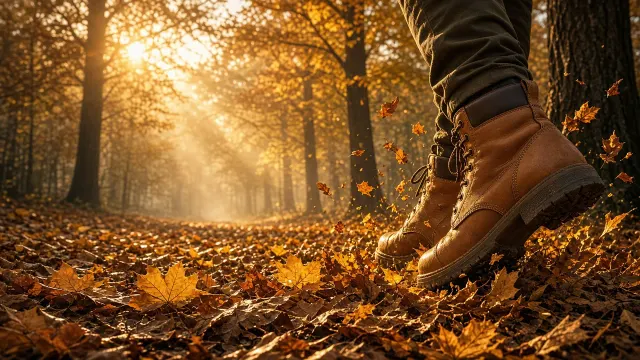 Leather Boots Walking through Crisp Golden Autumn Leaf Carpet