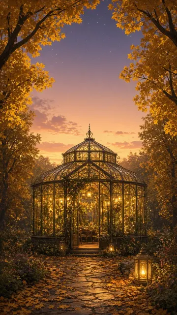 Glowing Autumn Glass Greenhouse Surrounded by Luminous Maples