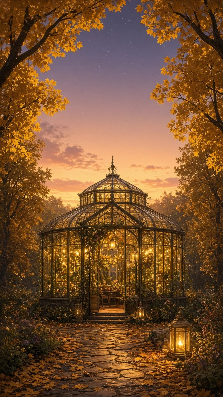 Glowing Autumn Glass Greenhouse Surrounded by Luminous Maples