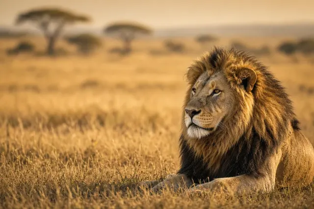 Weathered Male Lion Portrait in Warm Golden Hour Serengeti Glow