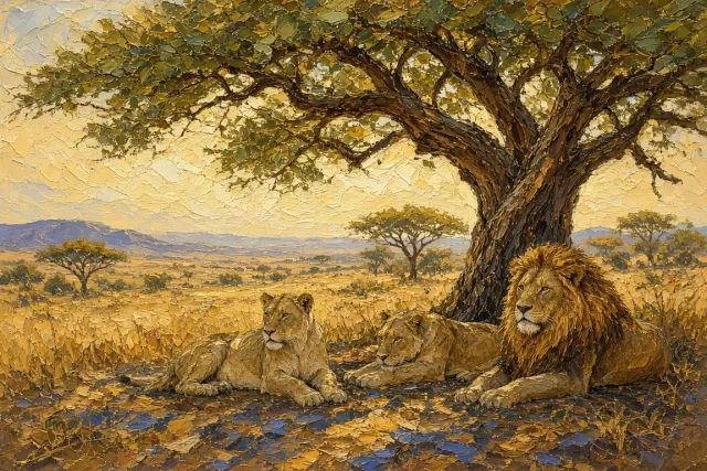 Impasto Oil Painting of a Lion Pride Beneath an Acacia Canopy