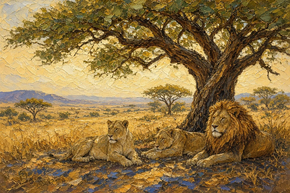 Impasto Oil Painting of a Lion Pride Beneath an Acacia Canopy