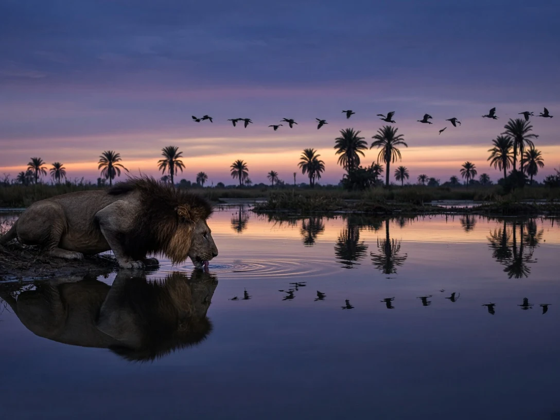 Thirsty Lion Drinking from Reflective Okavango Delta Lagoon at Dusk