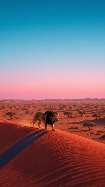 Solitary Lion Patrolling Scarlet Kalahari Desert Dunes at Dawn