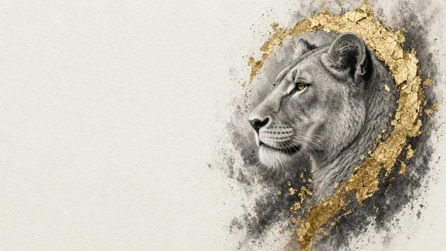Minimalist Charcoal and Gold Leaf Study of Lioness Profile