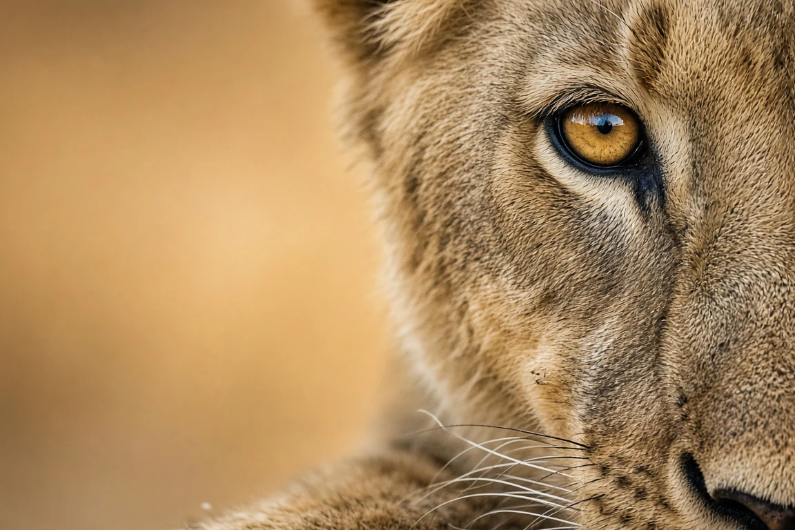 Macro Detail of Lion Eye Whiskers and Sunlit Golden Iris