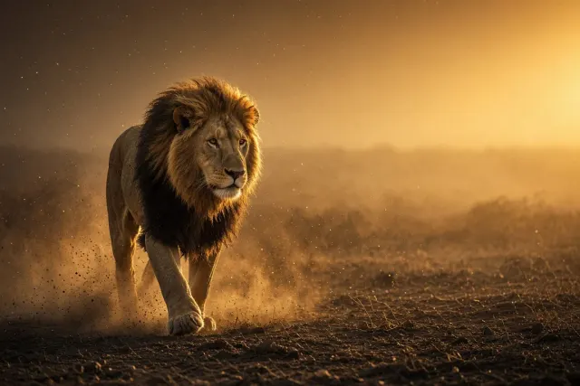 Atmospheric Backlit Lion Silhouette Emerging Through Golden Dust