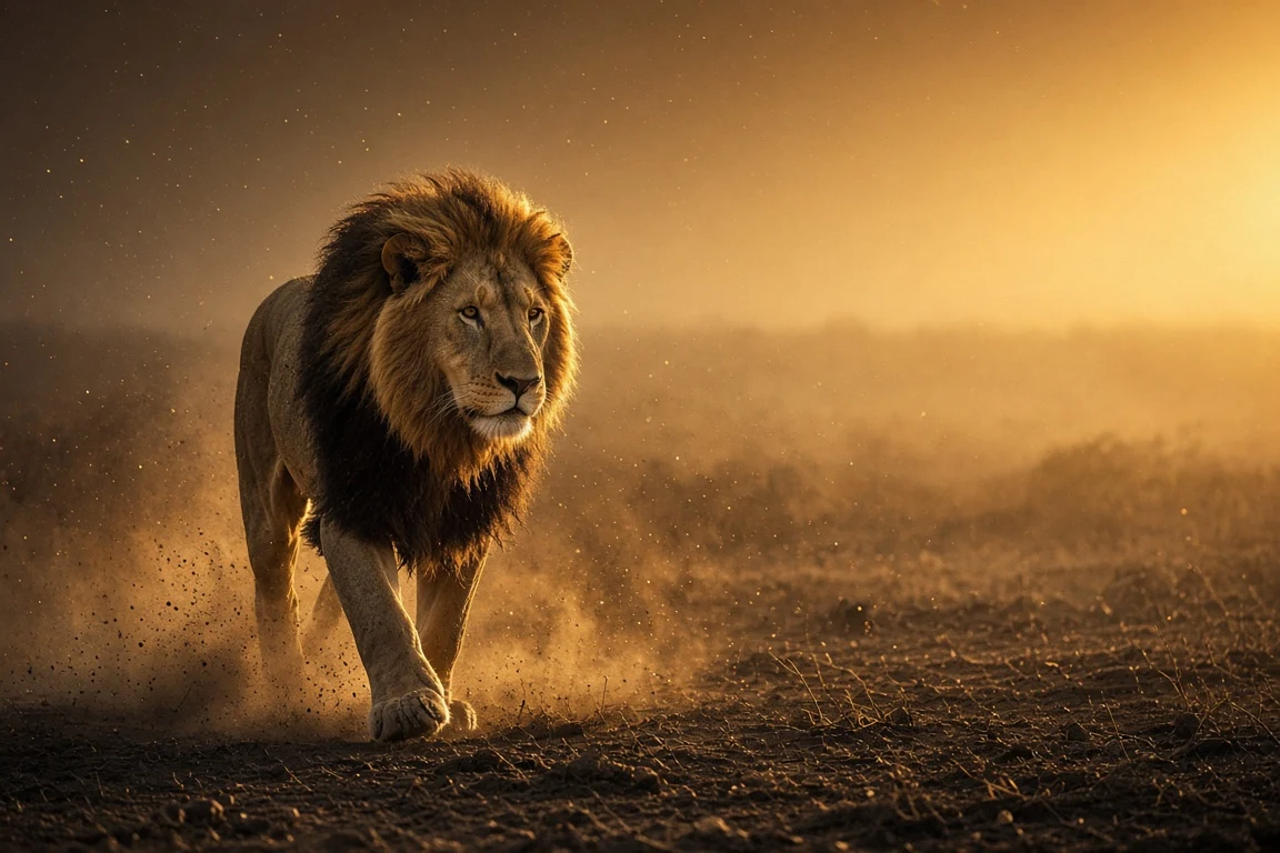 Atmospheric Backlit Lion Silhouette Emerging Through Golden Dust