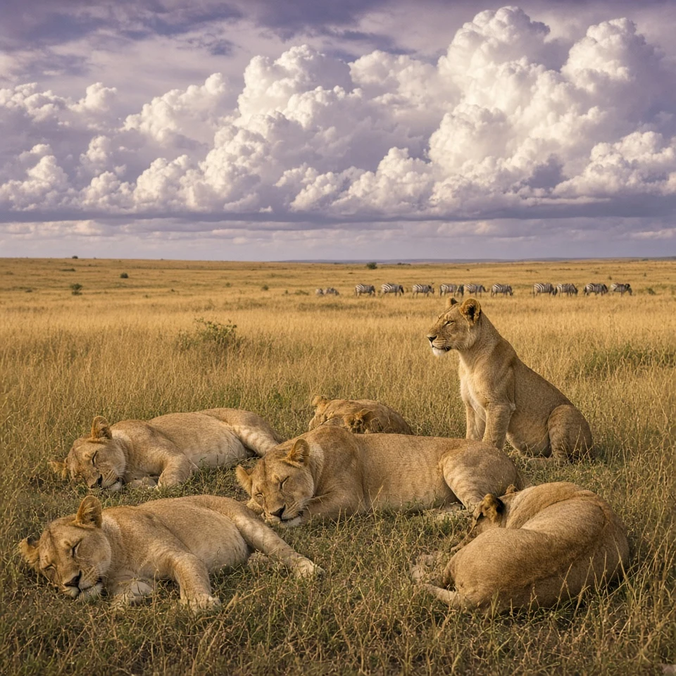 Lion Pride Dozing Peacefully Amid Vast Maasai Mara Plains