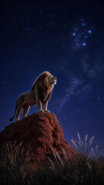 Subtle Moonlight Nocturnal Wildlife Study of Lion on Termite Mound